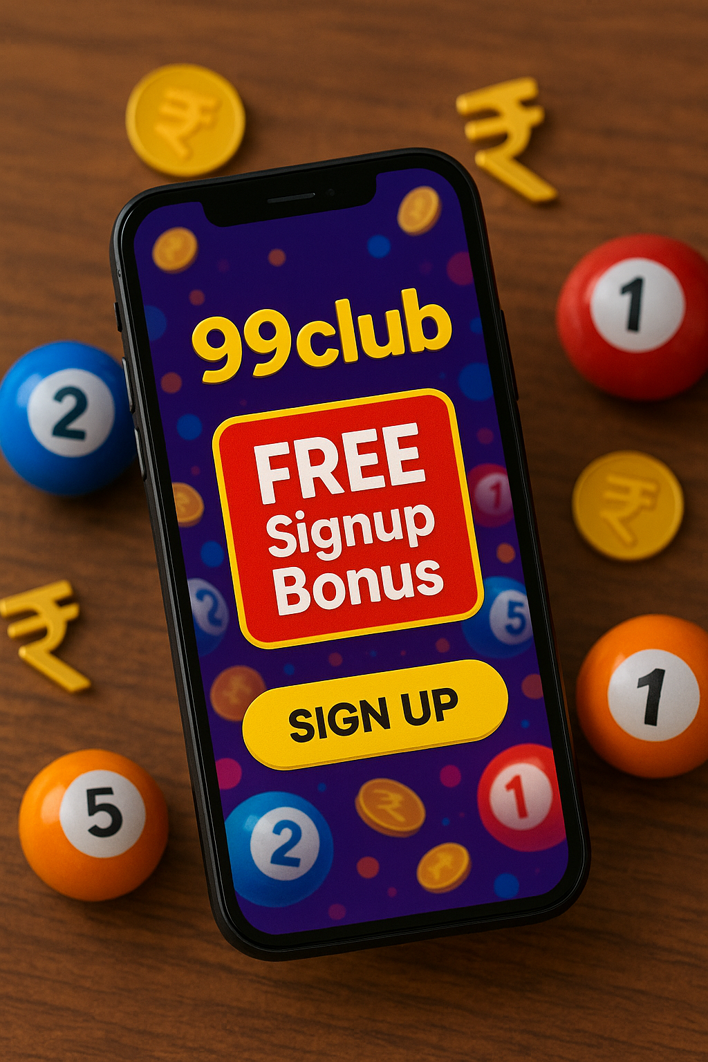 Smartphone displaying the 99club lottery app with a highlighted “Free Signup Bonus” banner